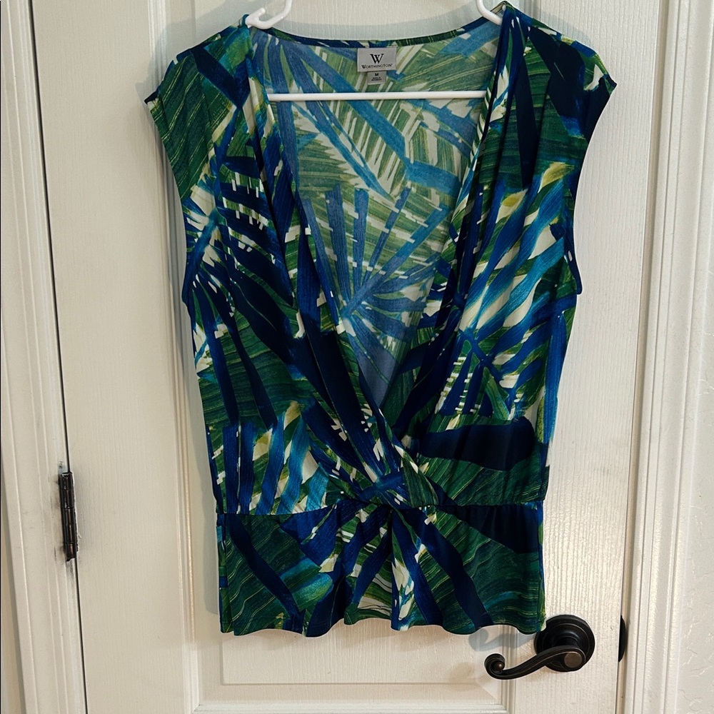 Worthington Green and Blue Tropical Print Blouse